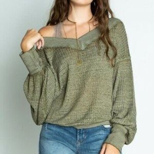 NWT Free People Southside Bishop Green Waffle Tee